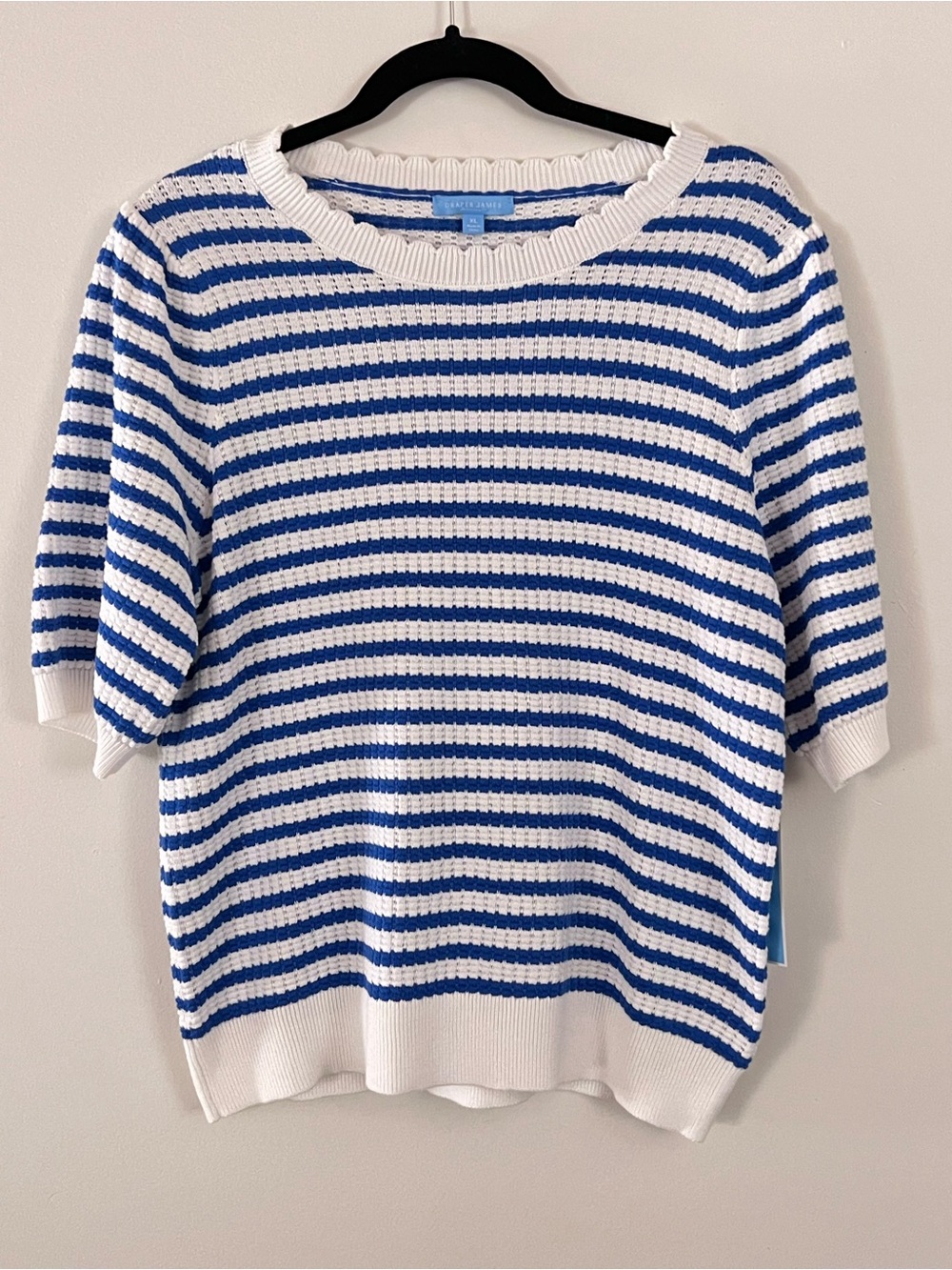 Draper James Blue and White Striped Half-Sleeve Crew Sweater